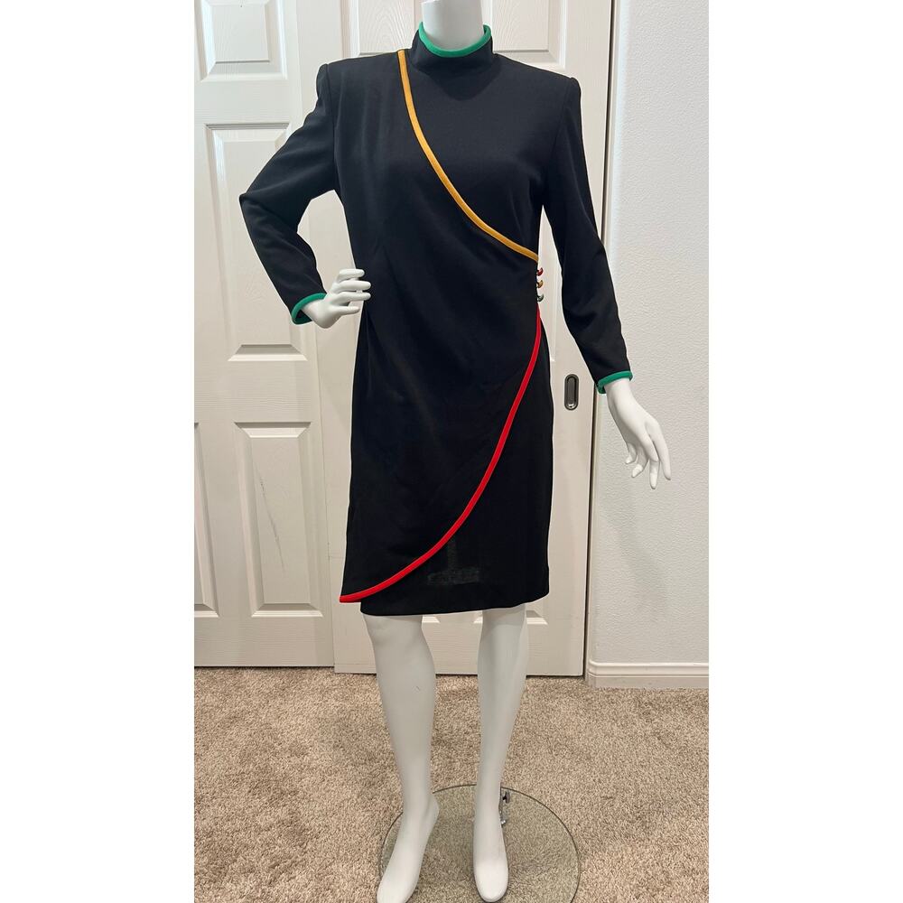 Vintage 1980's Caron Black Secretary Dress Size Small Red Gold Green
